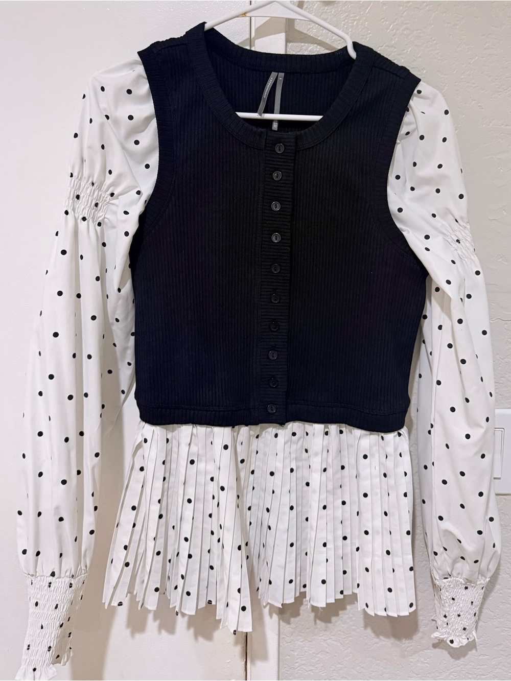 Anthropologie Black & White Polka Dot Layered Peplum Top